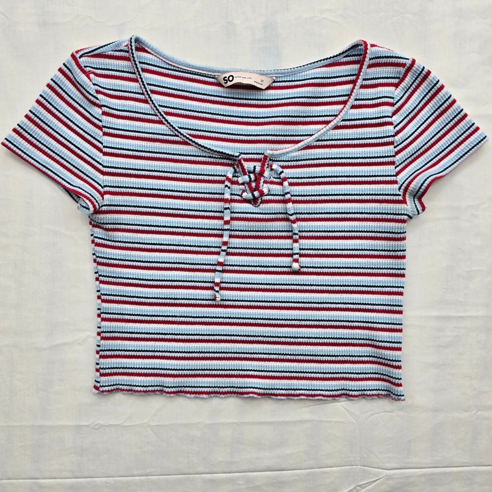 SO Goods For Life Womens M Striped Crop Top Tie Front Ribbed Red Blue Y2K Style